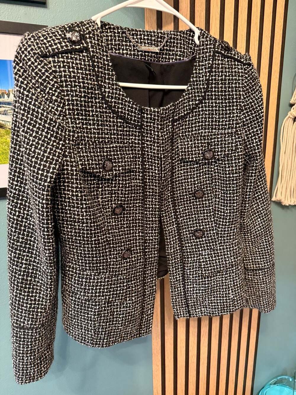 White House Black Market Black and White Tweed Double-Breasted Trophy Jacket
